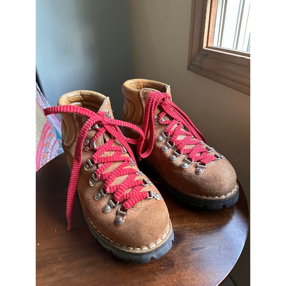 Vtg Kinney Made in Italy Leather Hiking Boots Vibram Sole Brown Red Laces W7